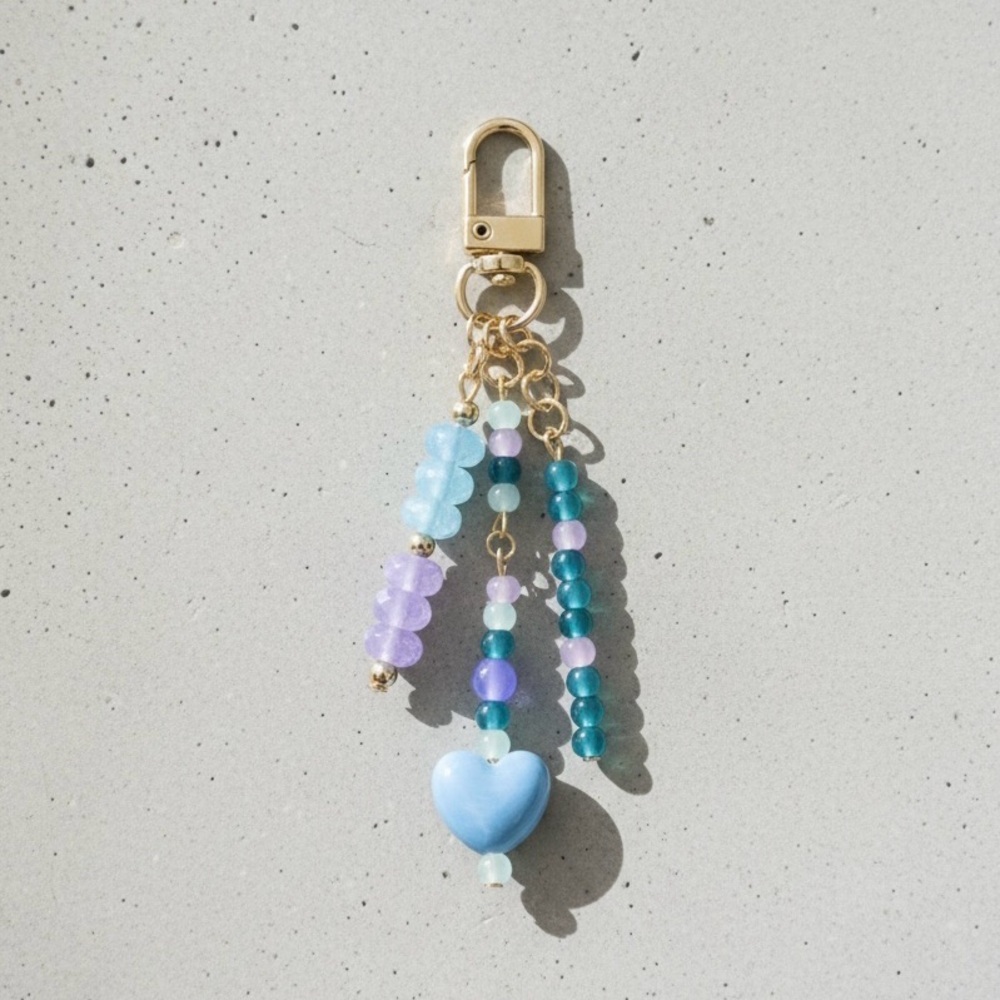 Handmade Blue, Teal & Lavender Heart Beaded Bag Charm Keychain